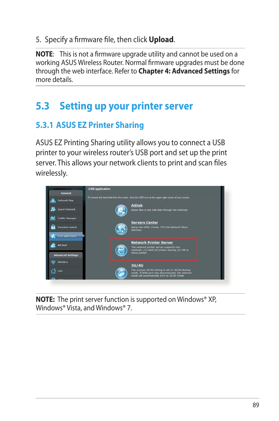 3 setting up your printer server, 1 asus ez printer sharing, Setting up your printer server | Asus RT-AC66U User Manual | Page 89 / 131