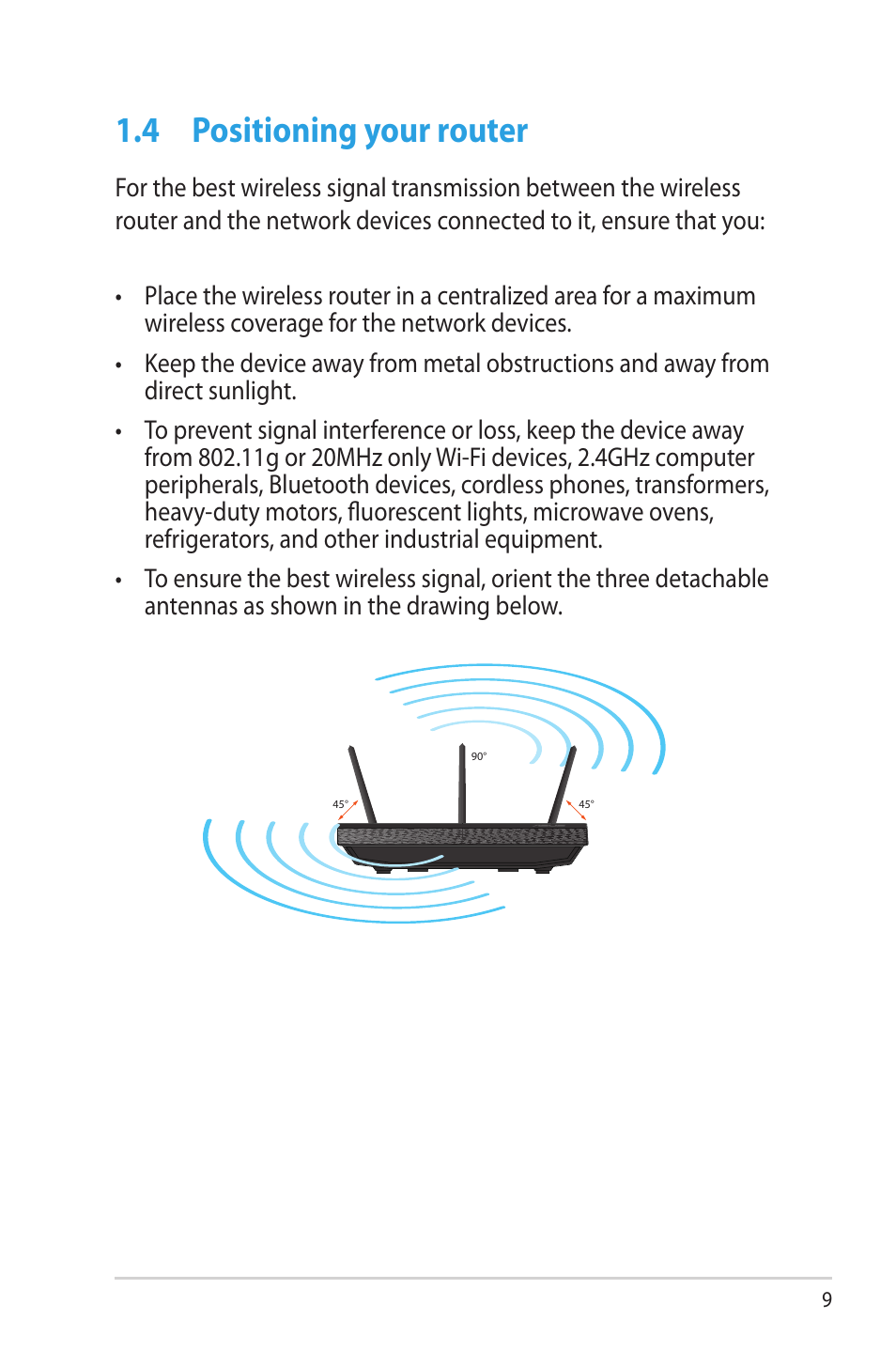 4 positioning your router, Positioning your router | Asus RT-AC66U User Manual | Page 9 / 131