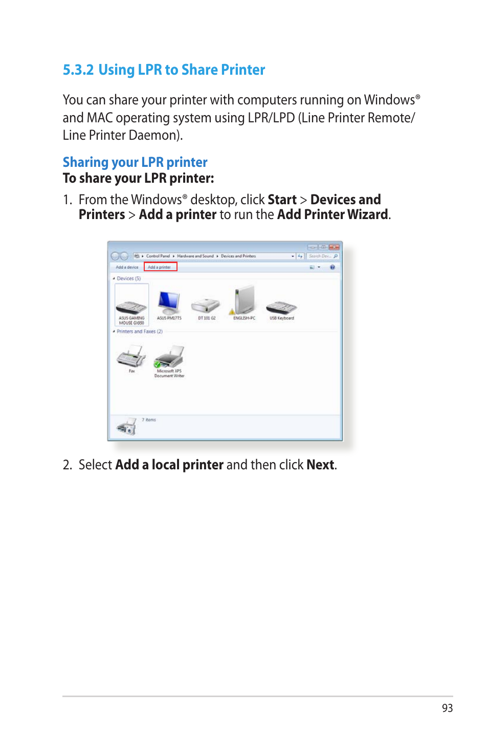 2 using lpr to share printer | Asus RT-AC66U User Manual | Page 93 / 131