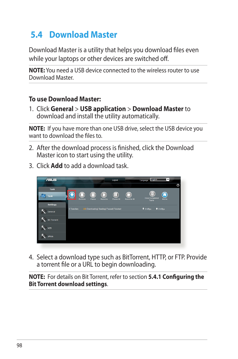 4 download master, Download master | Asus RT-AC66U User Manual | Page 98 / 131