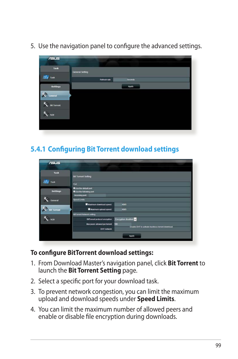 1 configuring bit torrent download settings | Asus RT-AC66U User Manual | Page 99 / 131