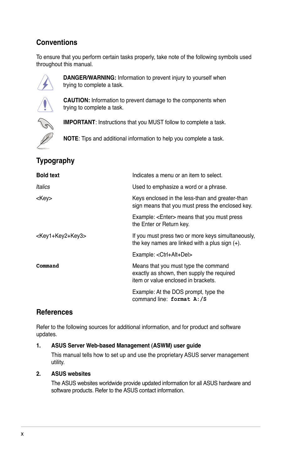 References, Conventions, Typography | Asus RS320Q-E7/RS12 User Manual | Page 10 / 158