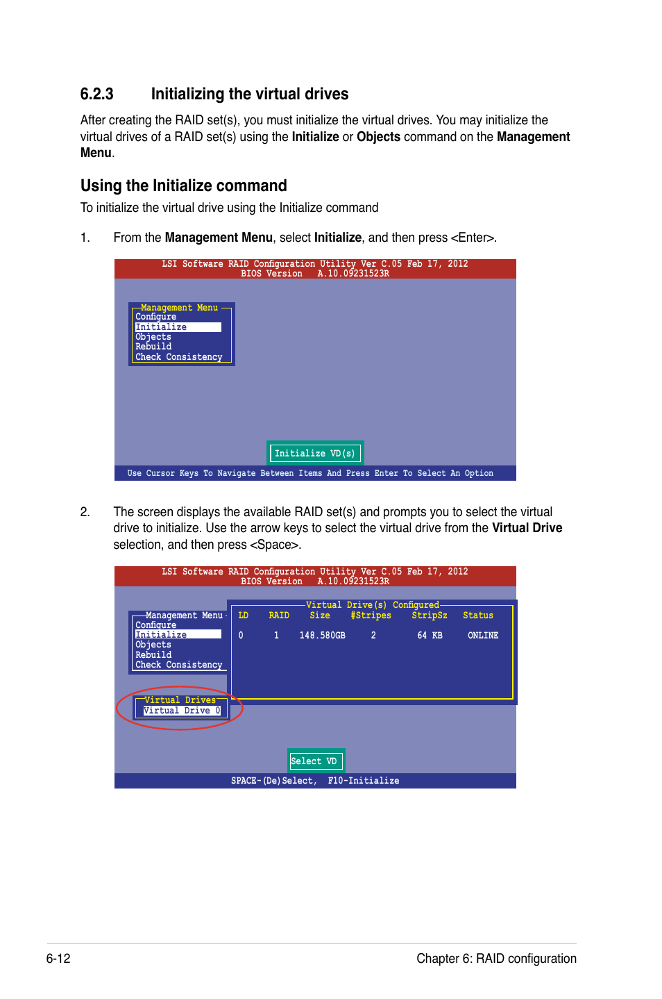 3 initializing the virtual drives, Initializing the virtual drives -12, Using the initialize command | Asus RS320Q-E7/RS12 User Manual | Page 106 / 158