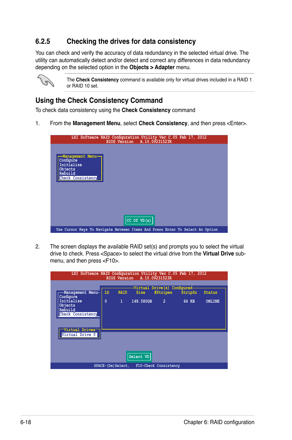 5 checking the drives for data consistency, Checking the drives for data consistency -18, Using the check consistency command | Asus RS320Q-E7/RS12 User Manual | Page 112 / 158