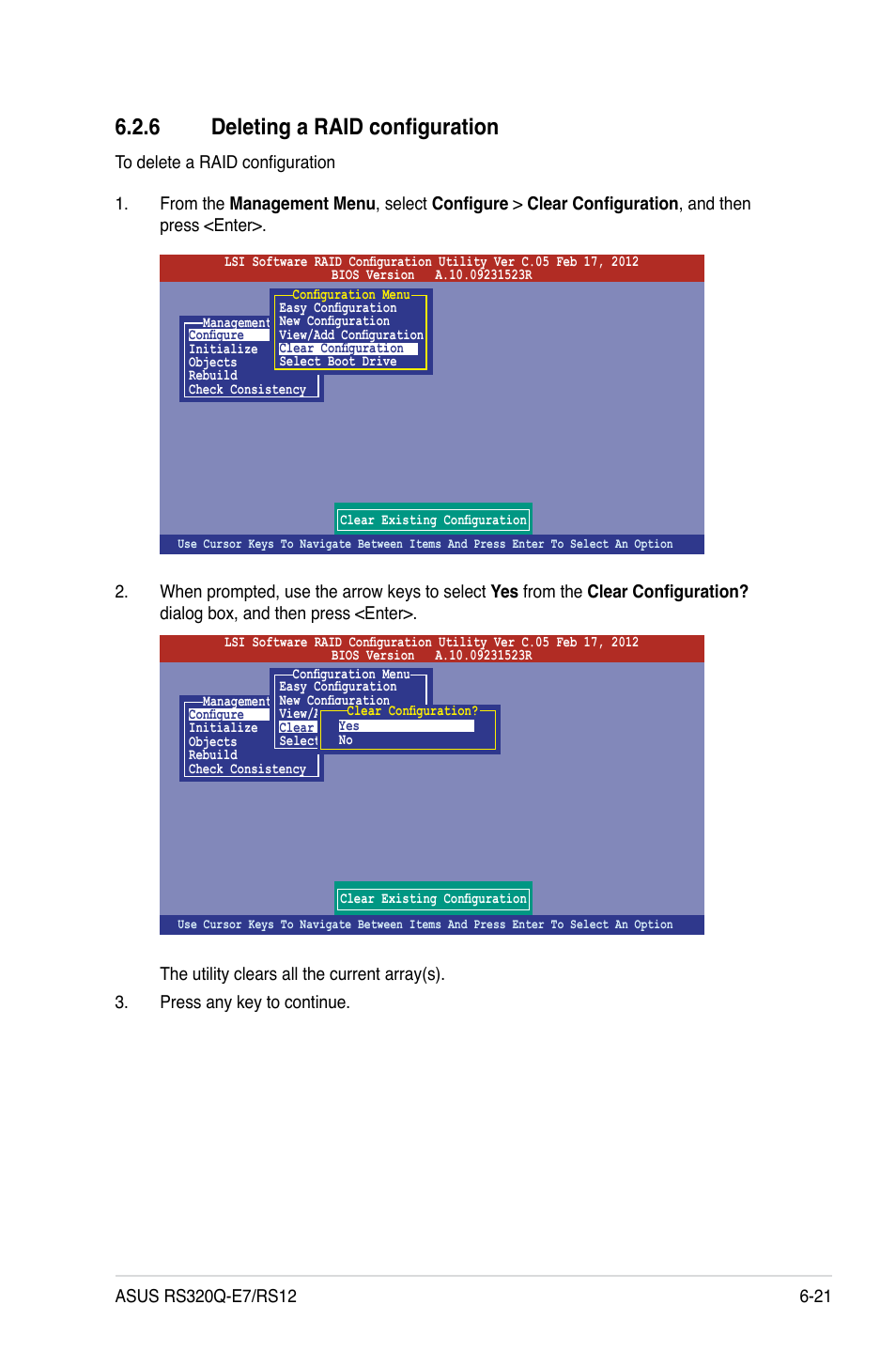 6 deleting a raid configuration, Deleting a raid configuration -21 | Asus RS320Q-E7/RS12 User Manual | Page 115 / 158