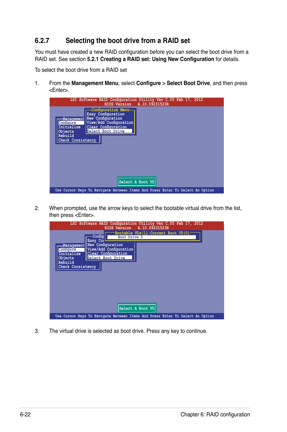 7 selecting the boot drive from a raid set, Selecting the boot drive from a raid set -22 | Asus RS320Q-E7/RS12 User Manual | Page 116 / 158