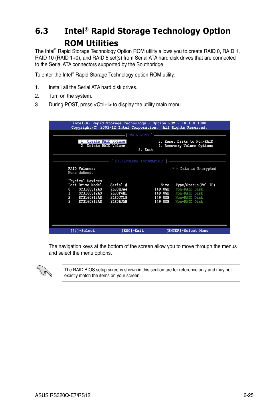 Intel, Rapid storage technology option rom utilities -25, 3 intel | Rapid storage technology option rom utilities | Asus RS320Q-E7/RS12 User Manual | Page 119 / 158