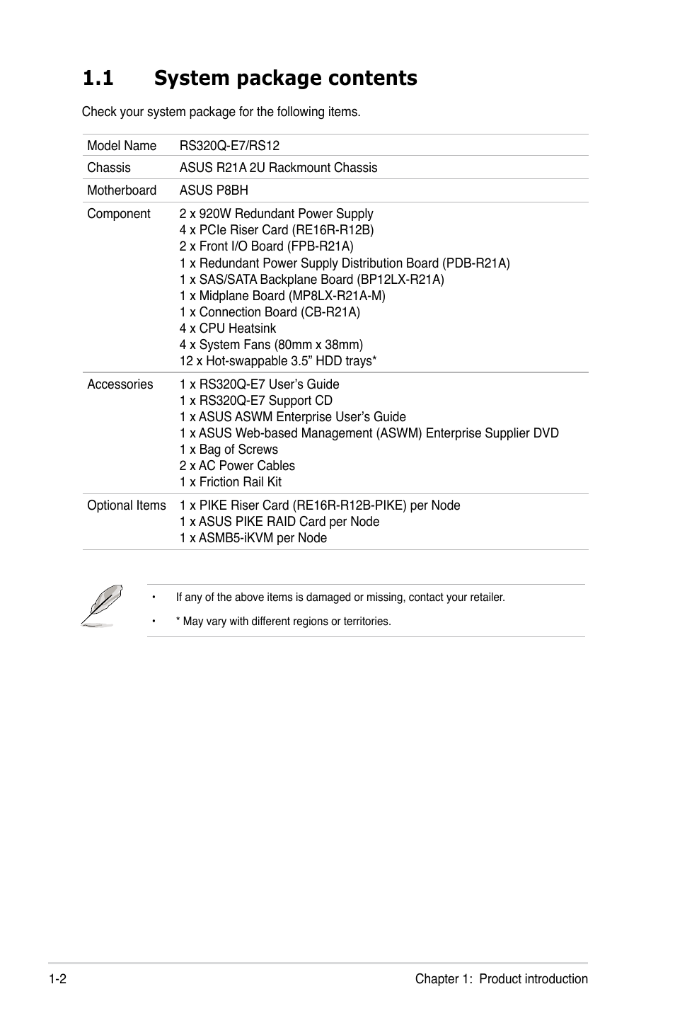 1 system package contents, System package contents -2 | Asus RS320Q-E7/RS12 User Manual | Page 12 / 158