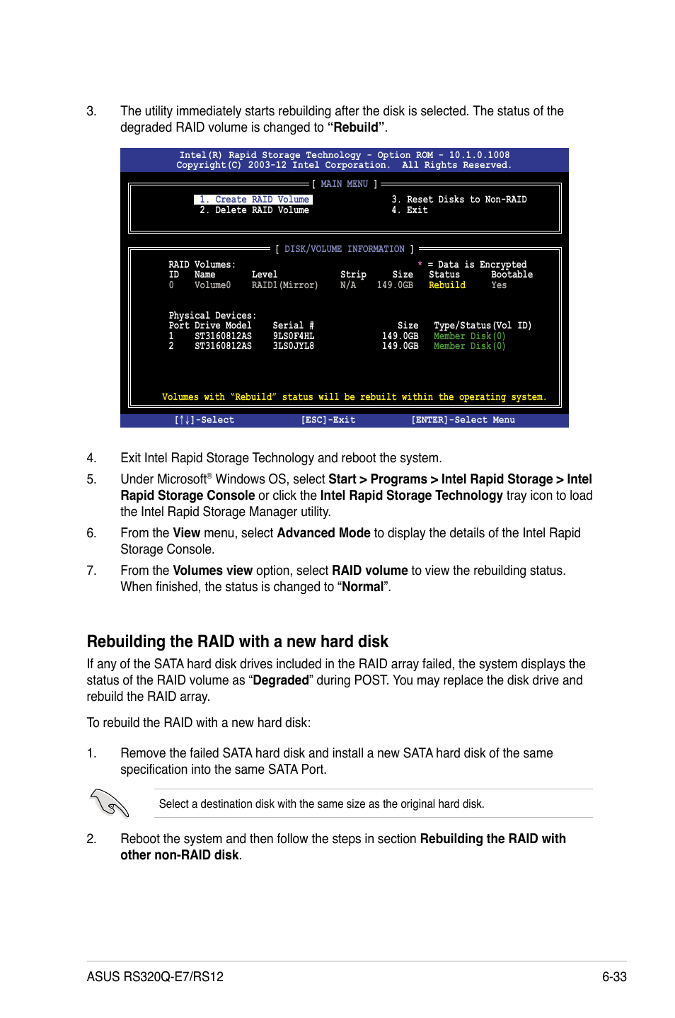 Rebuilding the raid with a new hard disk | Asus RS320Q-E7/RS12 User Manual | Page 127 / 158