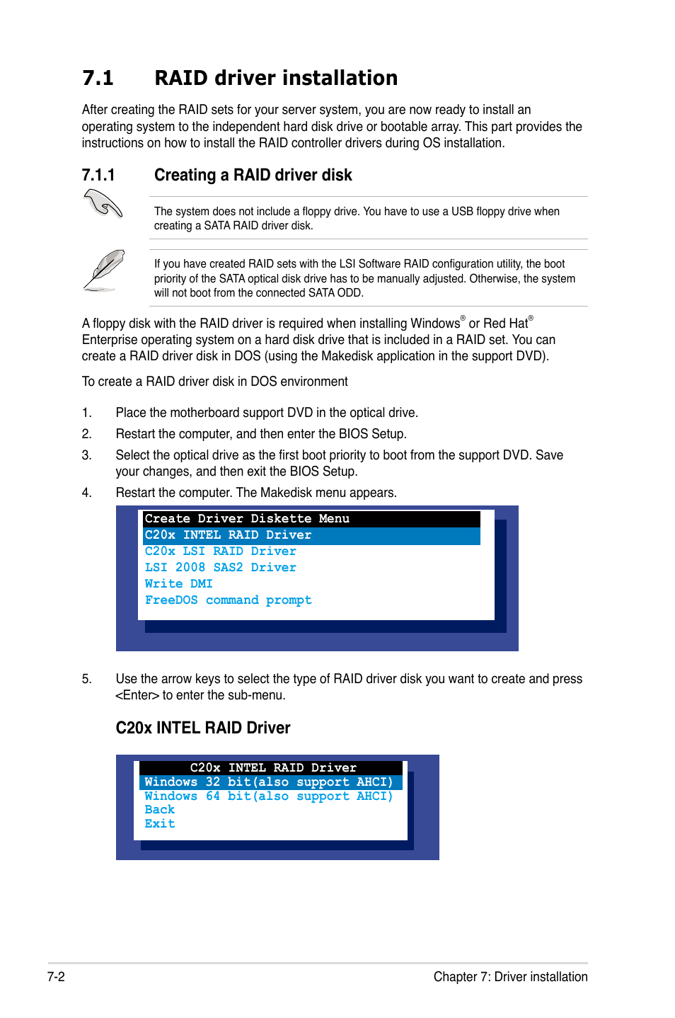 1 raid driver installation, 1 creating a raid driver disk, Raid driver installation -2 7.1.1 | Creating a raid driver disk -2, C20x intel raid driver | Asus RS320Q-E7/RS12 User Manual | Page 130 / 158