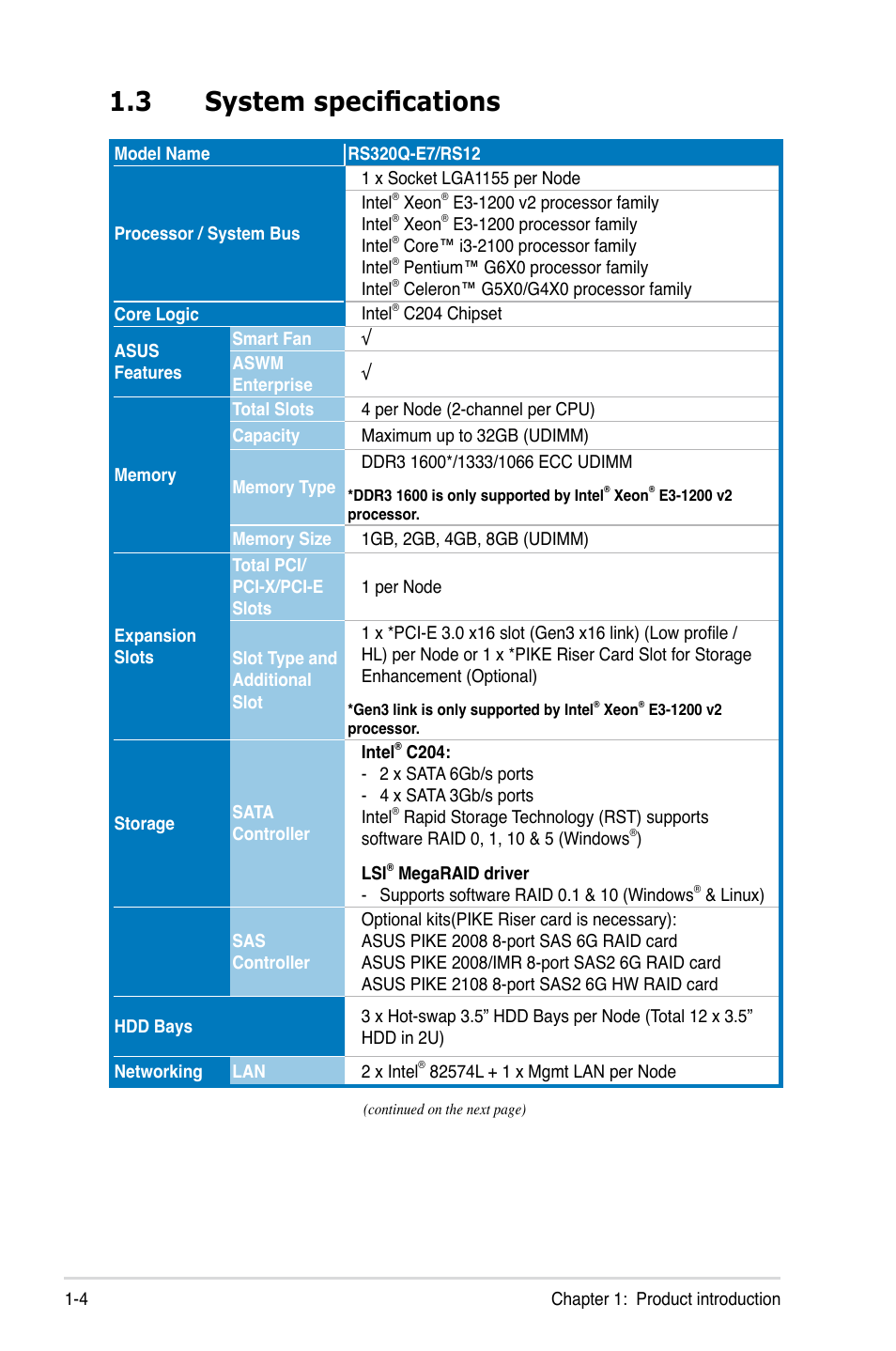 3 system specifications, System specifications -4 | Asus RS320Q-E7/RS12 User Manual | Page 14 / 158