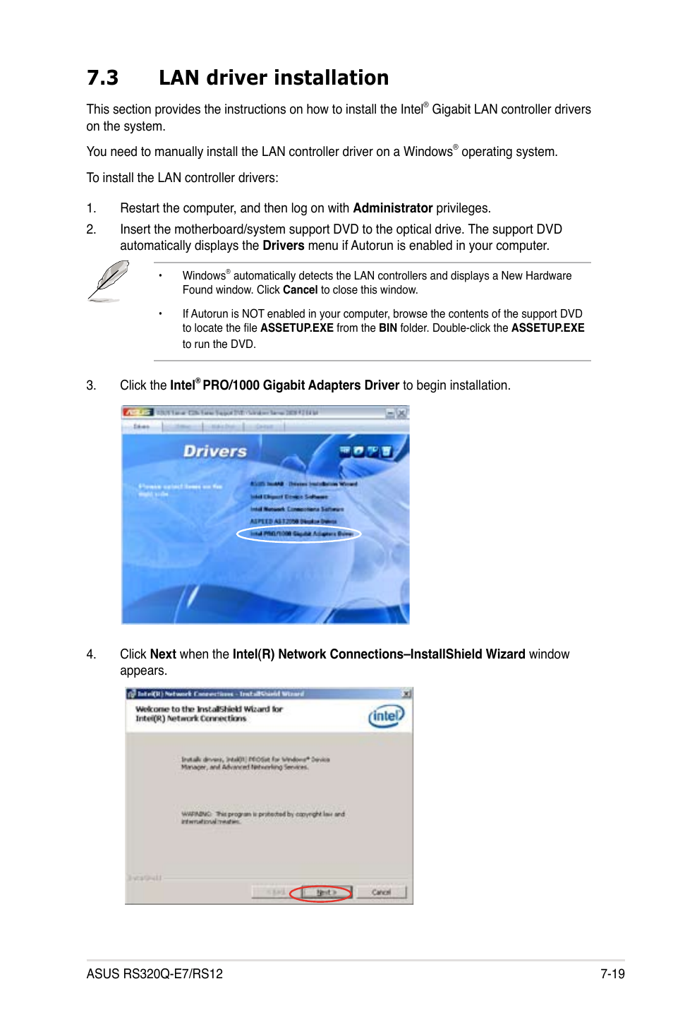 3 lan driver installation, Lan driver installation -19 | Asus RS320Q-E7/RS12 User Manual | Page 147 / 158