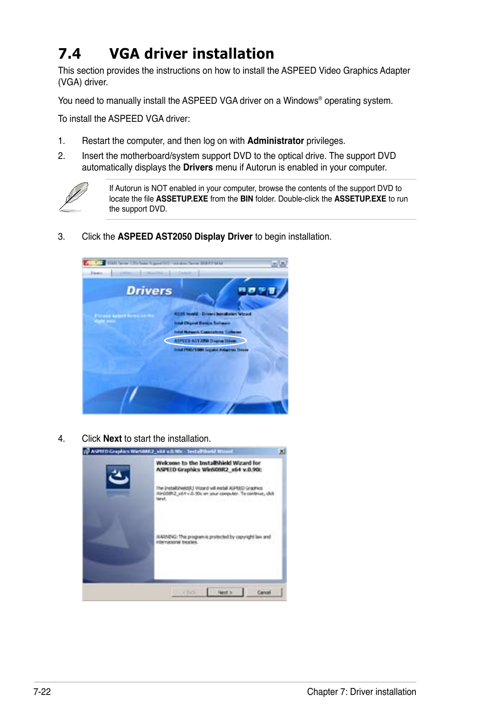 4 vga driver installation, Vga driver installation -22 | Asus RS320Q-E7/RS12 User Manual | Page 150 / 158