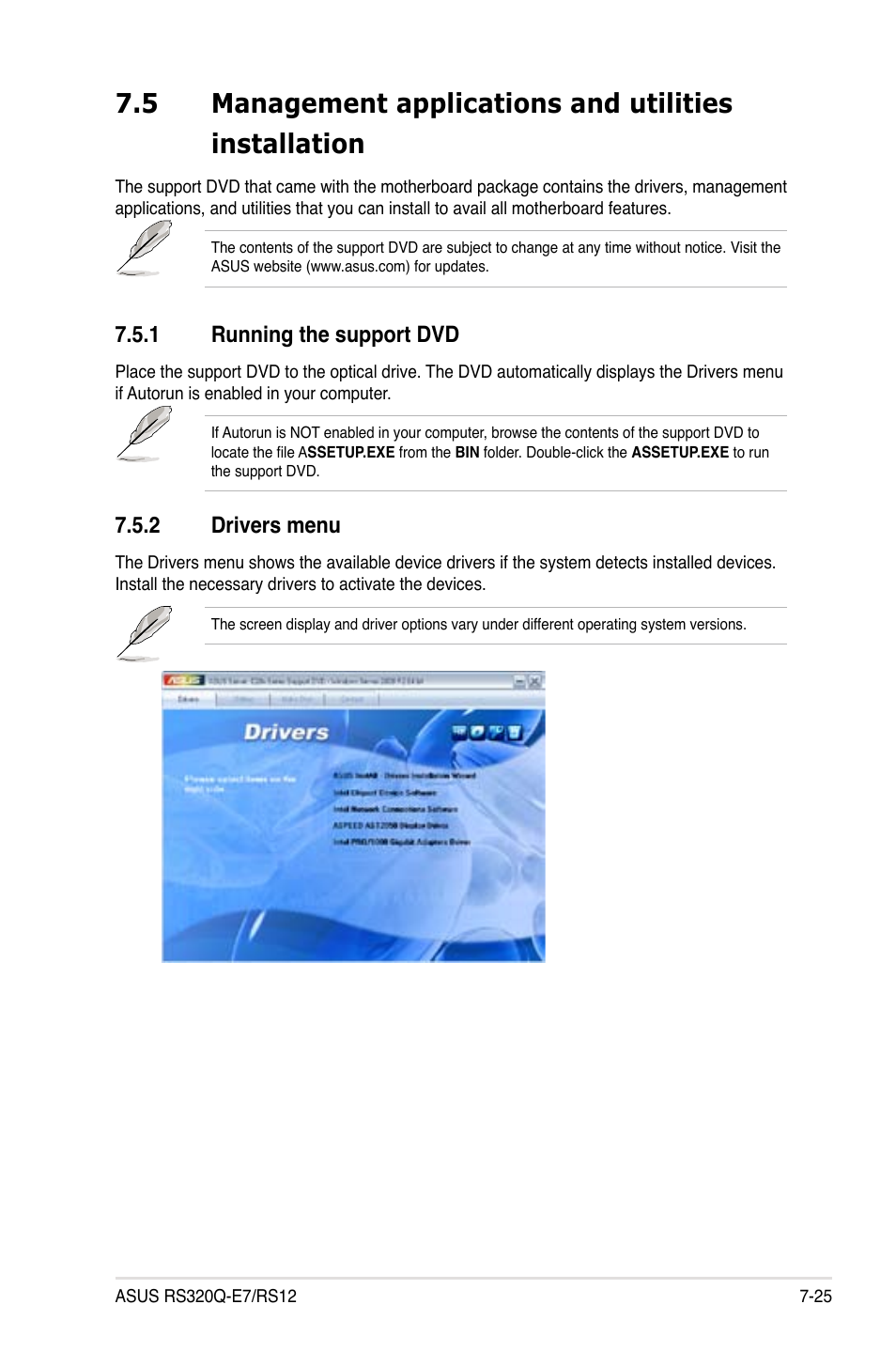 1 running the support dvd, 2 drivers menu, Running the support dvd -25 | Drivers menu -25 | Asus RS320Q-E7/RS12 User Manual | Page 153 / 158