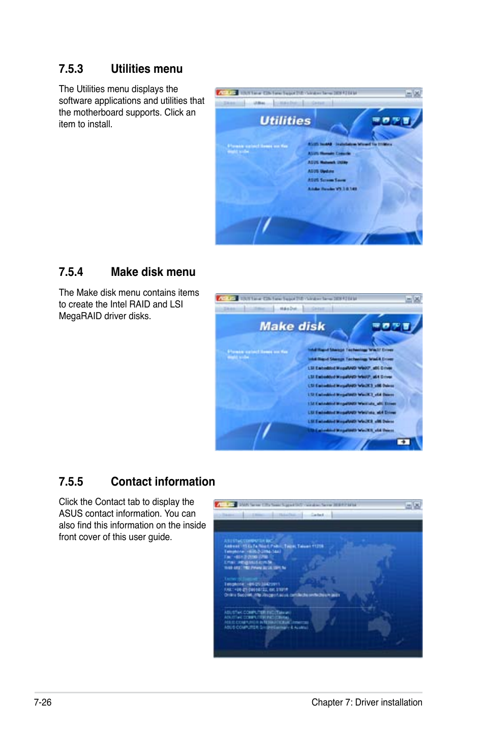 3 utilities menu, 4 make disk menu, 5 contact information | Utilities menu -26, Make disk menu -26, Contact information -26 | Asus RS320Q-E7/RS12 User Manual | Page 154 / 158