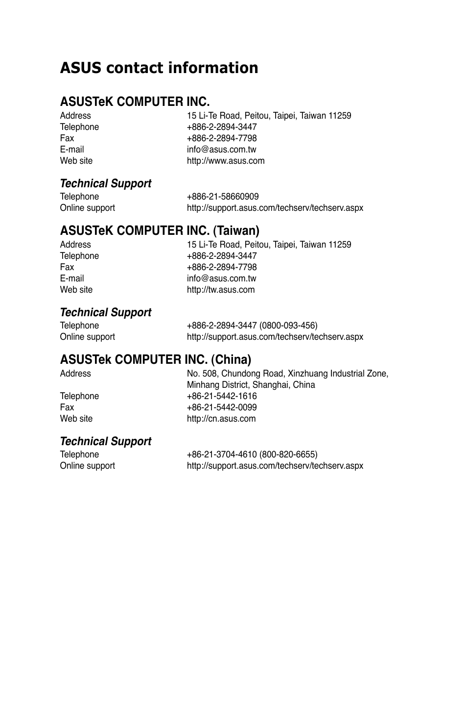 Asus contact information, Asustek computer inc, Asustek computer inc. (taiwan) | Asustek computer inc. (china), Technical support | Asus RS320Q-E7/RS12 User Manual | Page 157 / 158