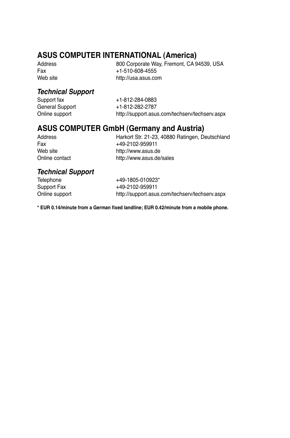 Asus computer international (america), Asus computer gmbh (germany and austria), Technical support | Asus RS320Q-E7/RS12 User Manual | Page 158 / 158