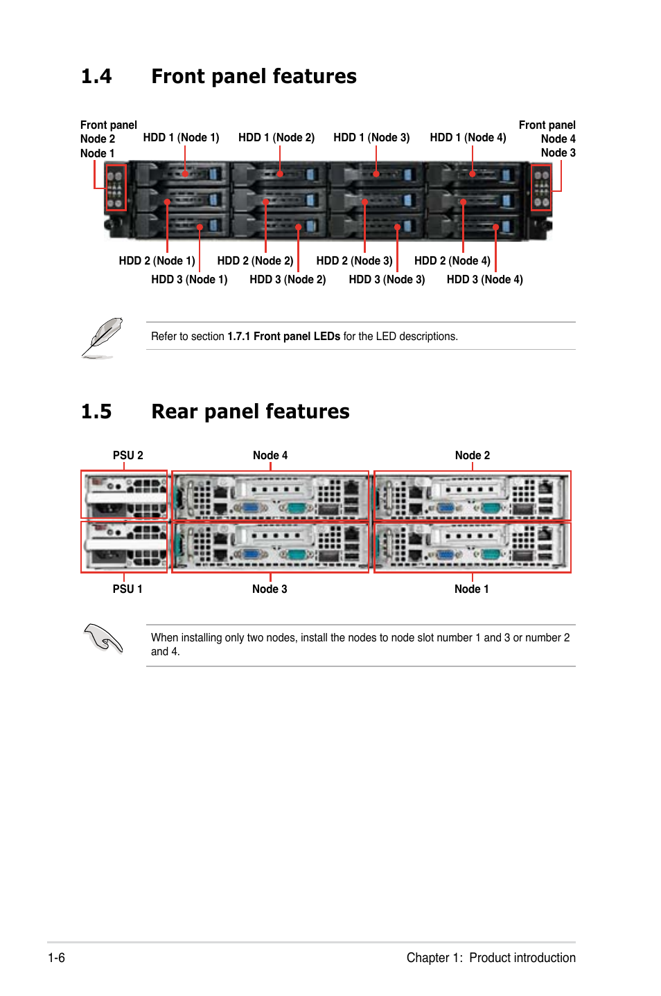 4 front panel features, 5 rear panel features, Front panel features -6 | Rear panel features -6 | Asus RS320Q-E7/RS12 User Manual | Page 16 / 158