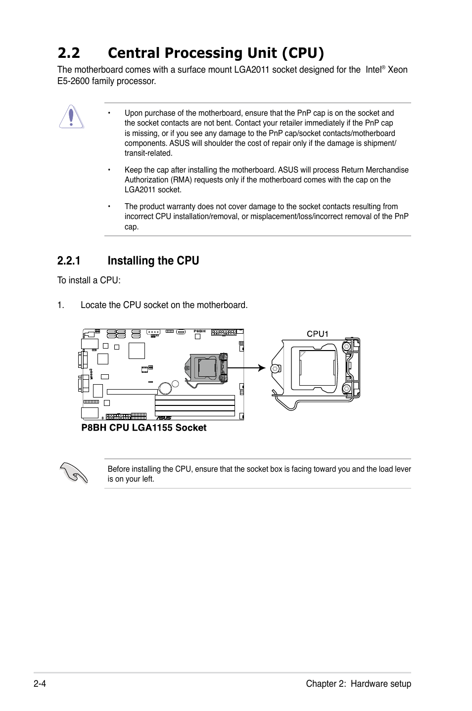 2 central processing unit (cpu), 1 installing the cpu, Central processing unit (cpu) -4 2.2.1 | Installing the cpu -4 | Asus RS320Q-E7/RS12 User Manual | Page 24 / 158