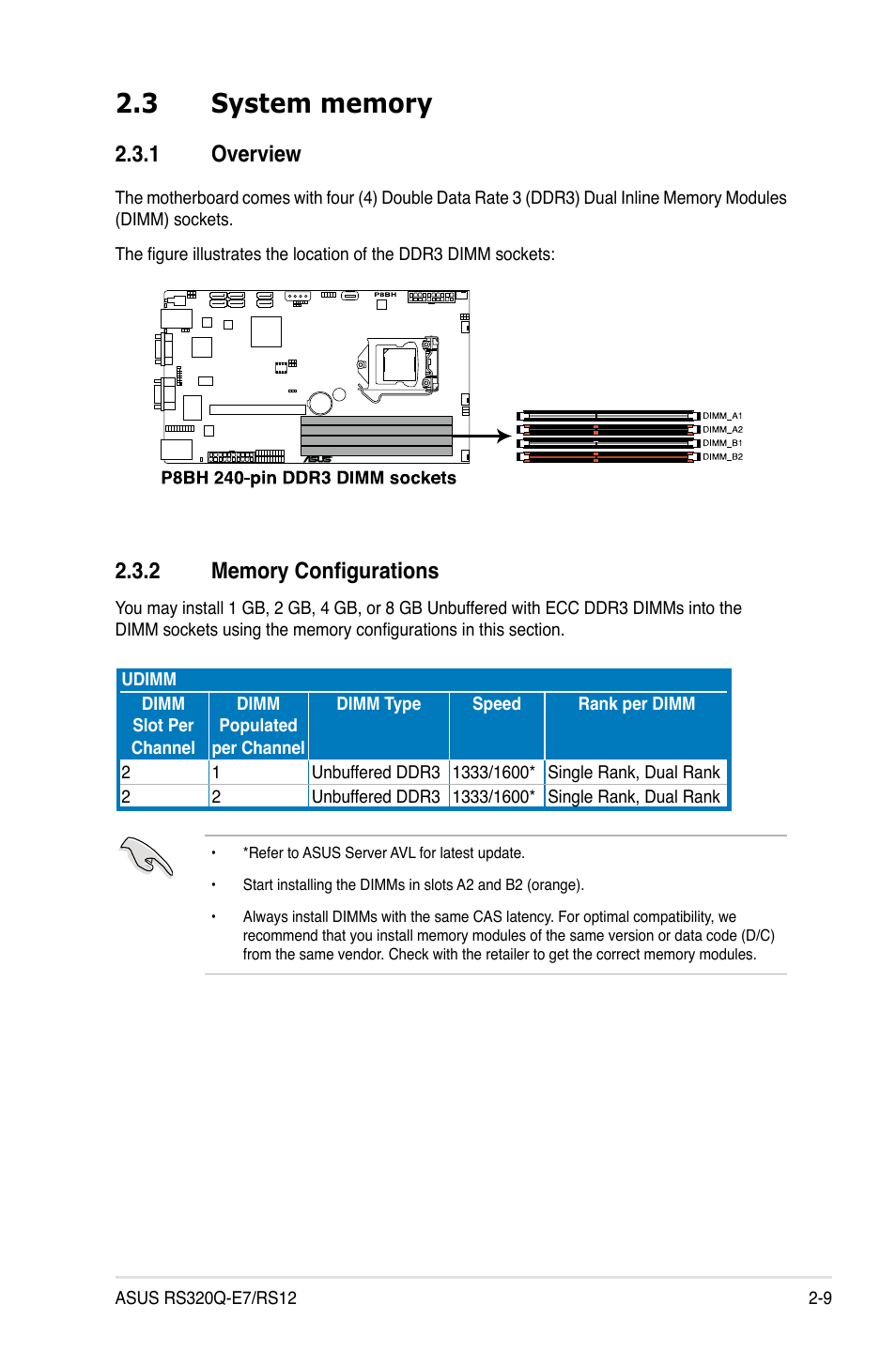 3 system memory, 1 overview, 2 memory configurations | System memory -9 2.3.1, Overview -9, Memory configurations -9 | Asus RS320Q-E7/RS12 User Manual | Page 29 / 158