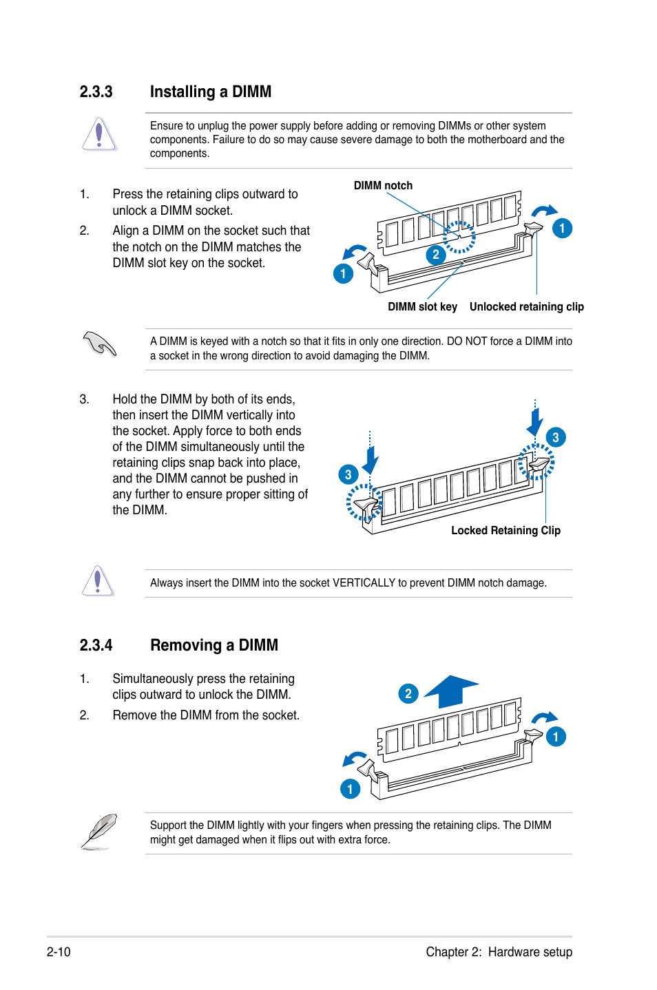 3 installing a dimm, 4 removing a dimm, Installing a dimm -10 | Removing a dimm -10 | Asus RS320Q-E7/RS12 User Manual | Page 30 / 158