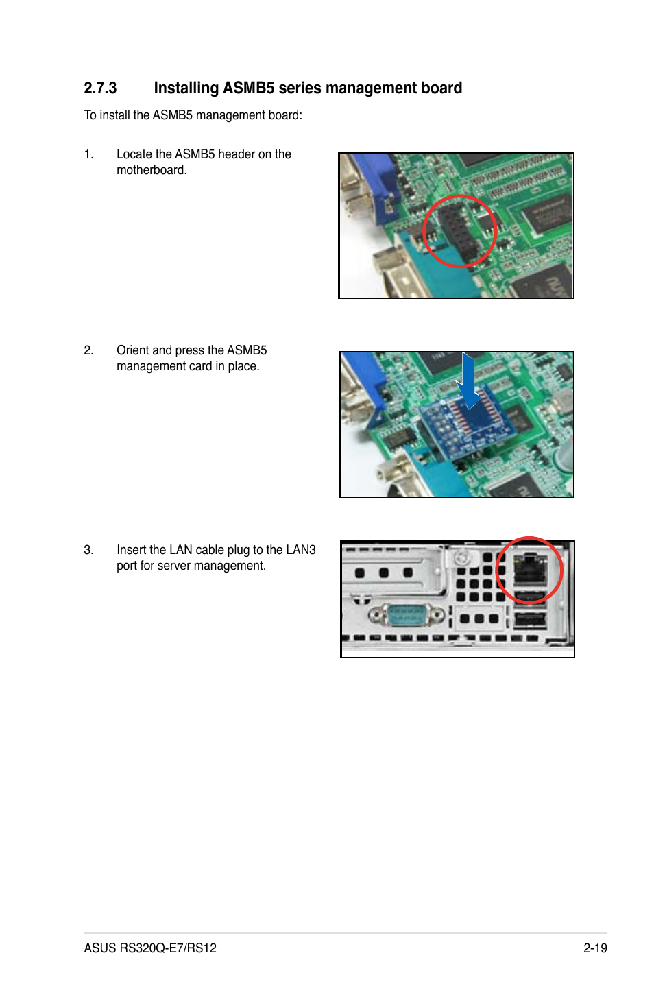 3 installing asmb5 series management board, Installing asmb5 series management board -19 | Asus RS320Q-E7/RS12 User Manual | Page 39 / 158