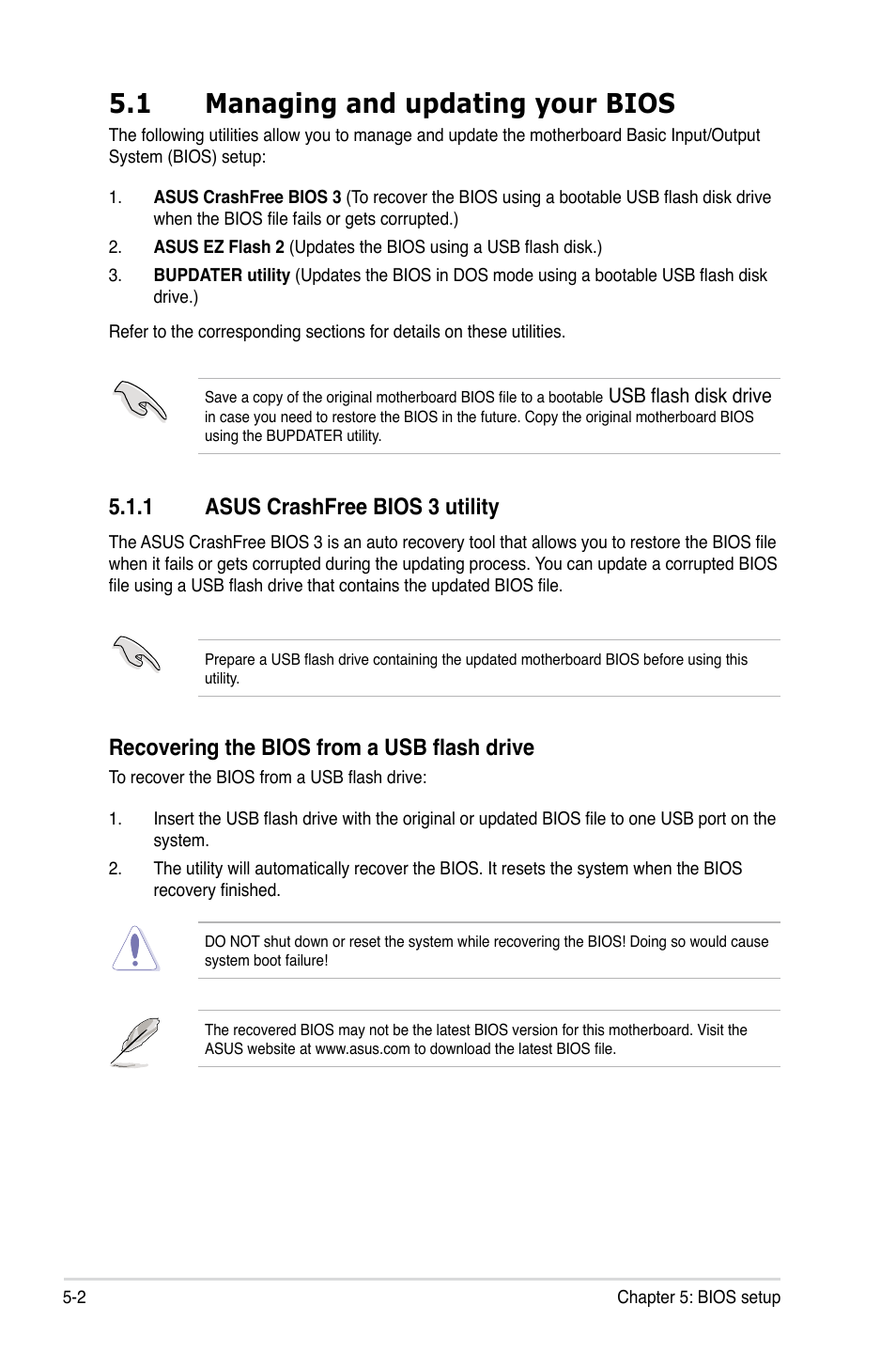 1 managing and updating your bios, 1 asus crashfree bios 3 utility, Managing and updating your bios -2 5.1.1 | Asus crashfree bios 3 utility -2, Recovering the bios from a usb flash drive | Asus RS320Q-E7/RS12 User Manual | Page 66 / 158