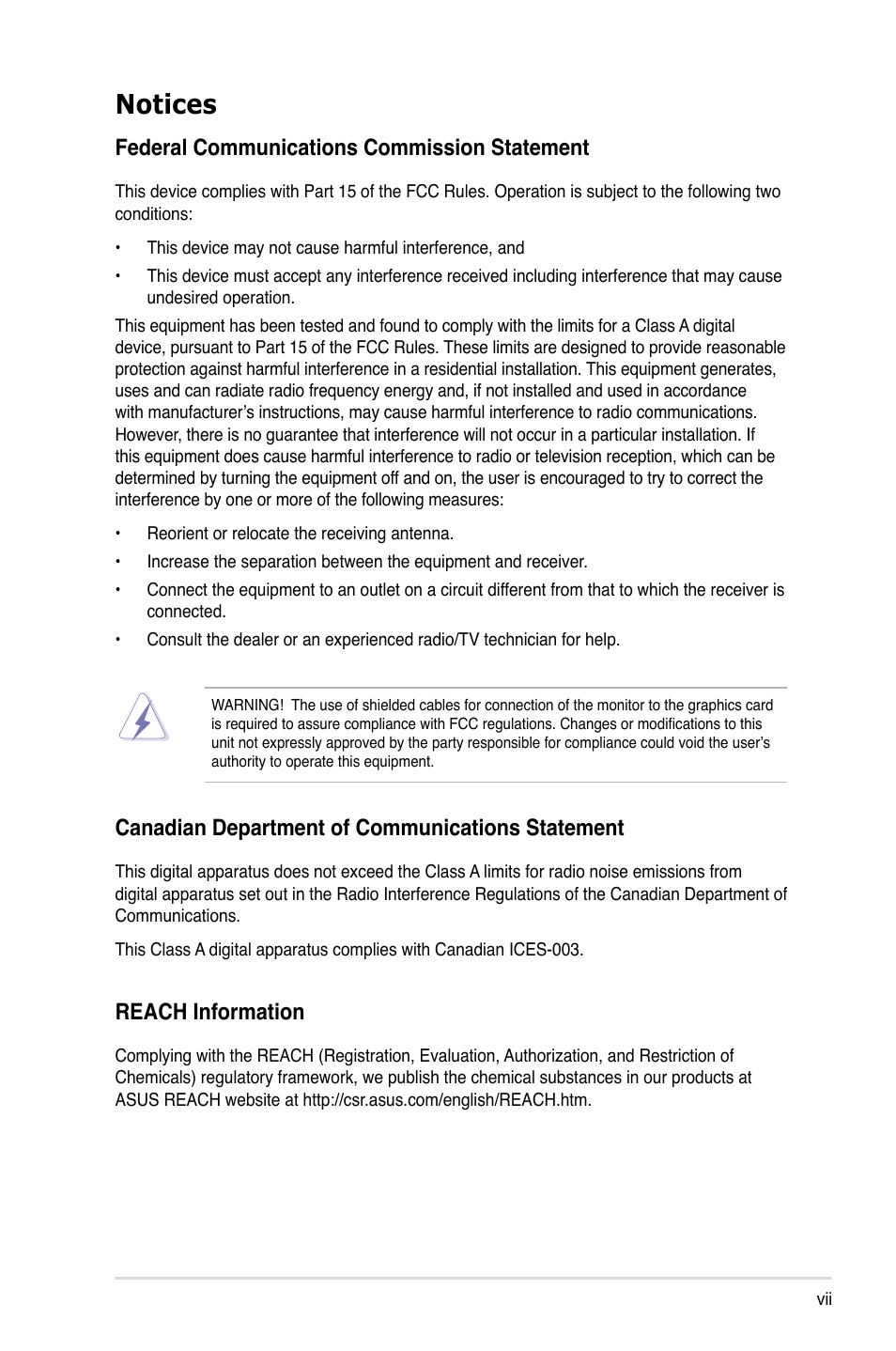 Notices, Federal communications commission statement, Canadian department of communications statement | Reach information | Asus RS320Q-E7/RS12 User Manual | Page 7 / 158