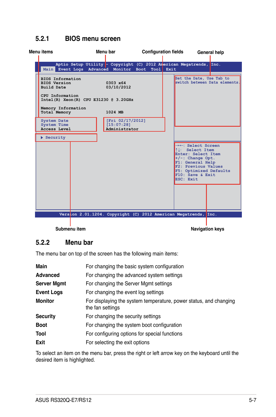 1 bios menu screen, 2 menu bar, Bios menu screen -7 | Menu bar -7 | Asus RS320Q-E7/RS12 User Manual | Page 71 / 158