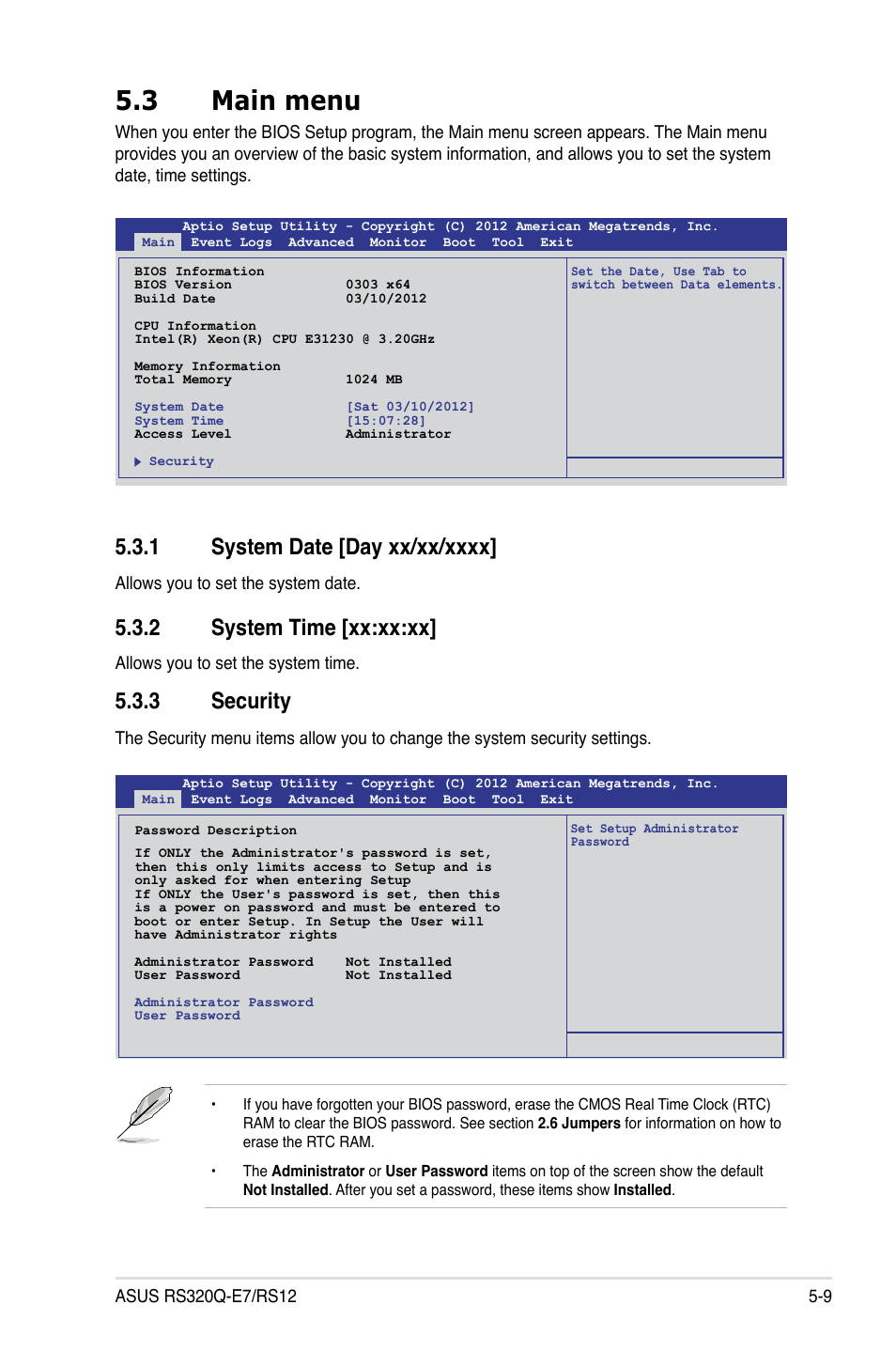 3 main menu, 1 system date [day xx/xx/xxxx, 2 system time [xx:xx:xx | 3 security, Main menu -9 5.3.1, System date [day xx/xx/xxxx] -9, System time [xx:xx:xx] -9, Security -9 | Asus RS320Q-E7/RS12 User Manual | Page 73 / 158