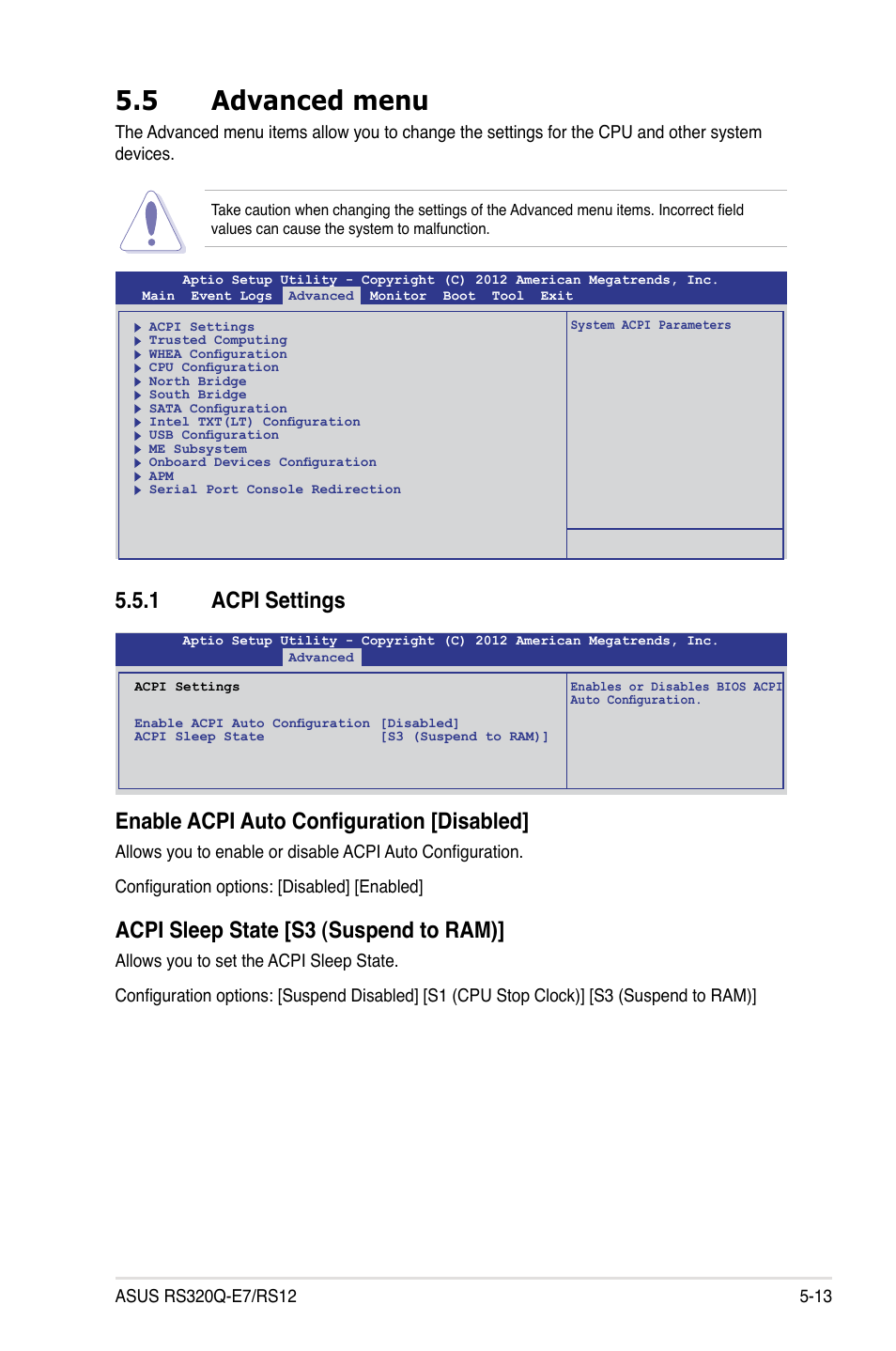 5 advanced menu, 1 acpi settings, Advanced menu -13 5.5.1 | Acpi settings -13, Enable acpi auto configuration [disabled, Acpi sleep state [s3 (suspend to ram) | Asus RS320Q-E7/RS12 User Manual | Page 77 / 158