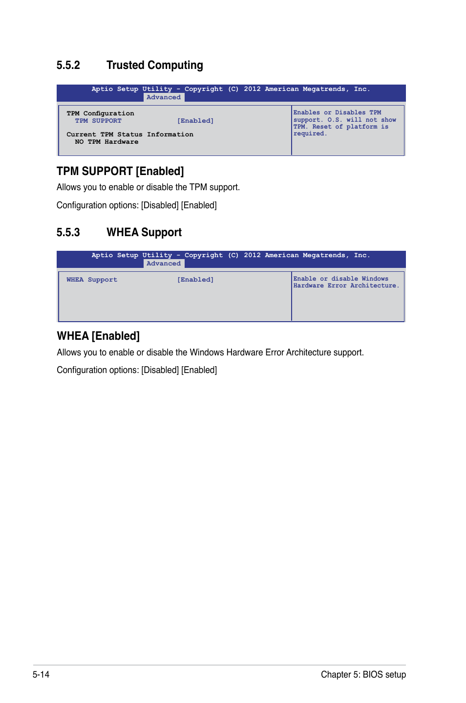 2 trusted computing, 3 whea support, Trusted computing -14 | Whea support -14, Tpm support [enabled, Whea [enabled | Asus RS320Q-E7/RS12 User Manual | Page 78 / 158