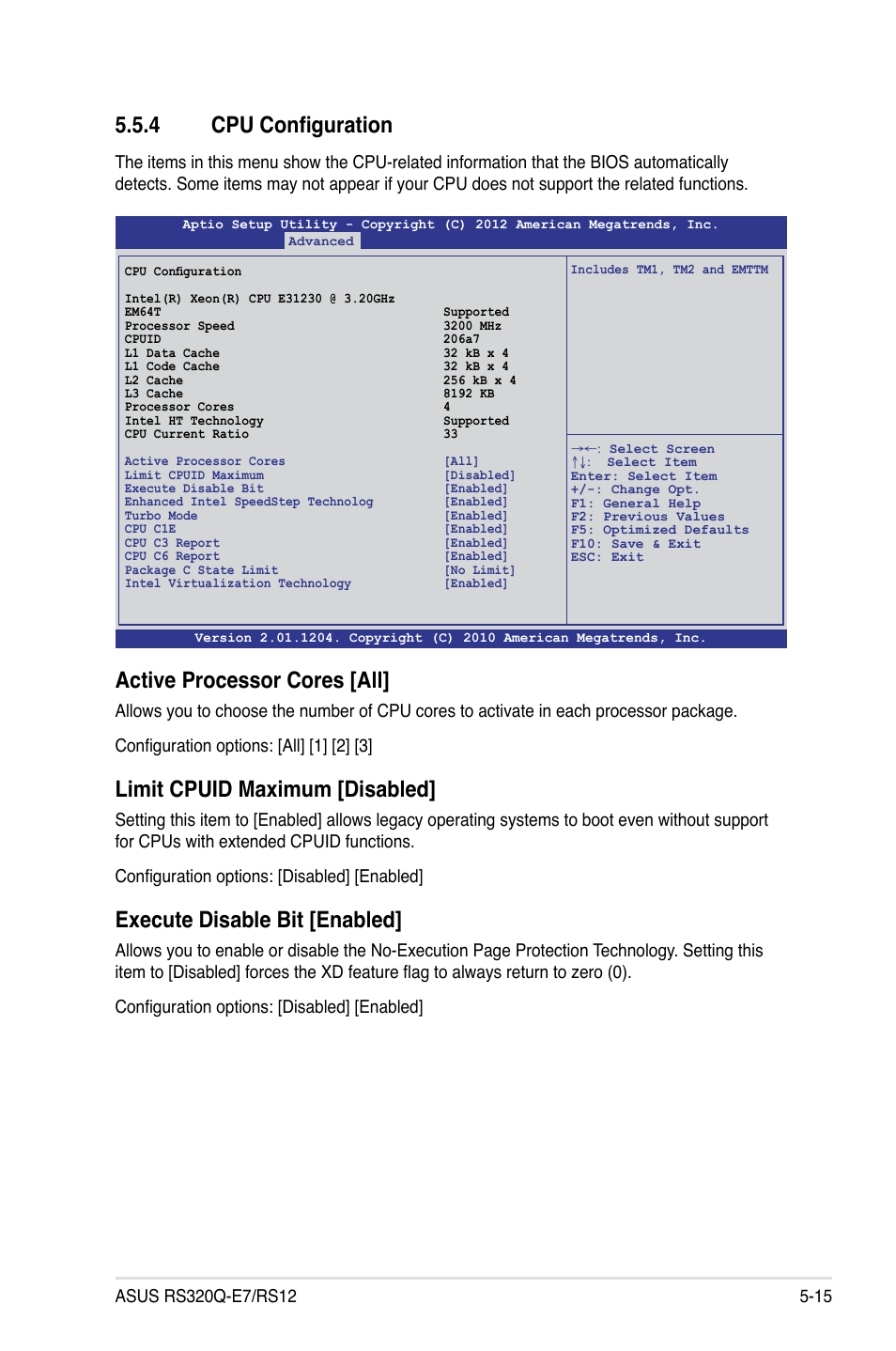 4 cpu configuration, Cpu configuration -15, Active processor cores [all | Limit cpuid maximum [disabled, Execute disable bit [enabled | Asus RS320Q-E7/RS12 User Manual | Page 79 / 158