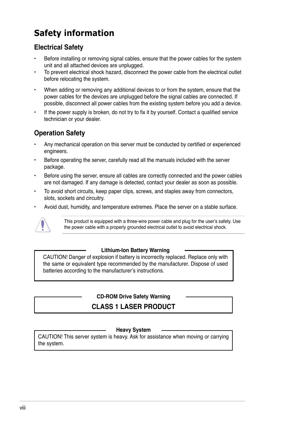 Safety information, Electrical safety, Operation safety | Class 1 laser product | Asus RS320Q-E7/RS12 User Manual | Page 8 / 158