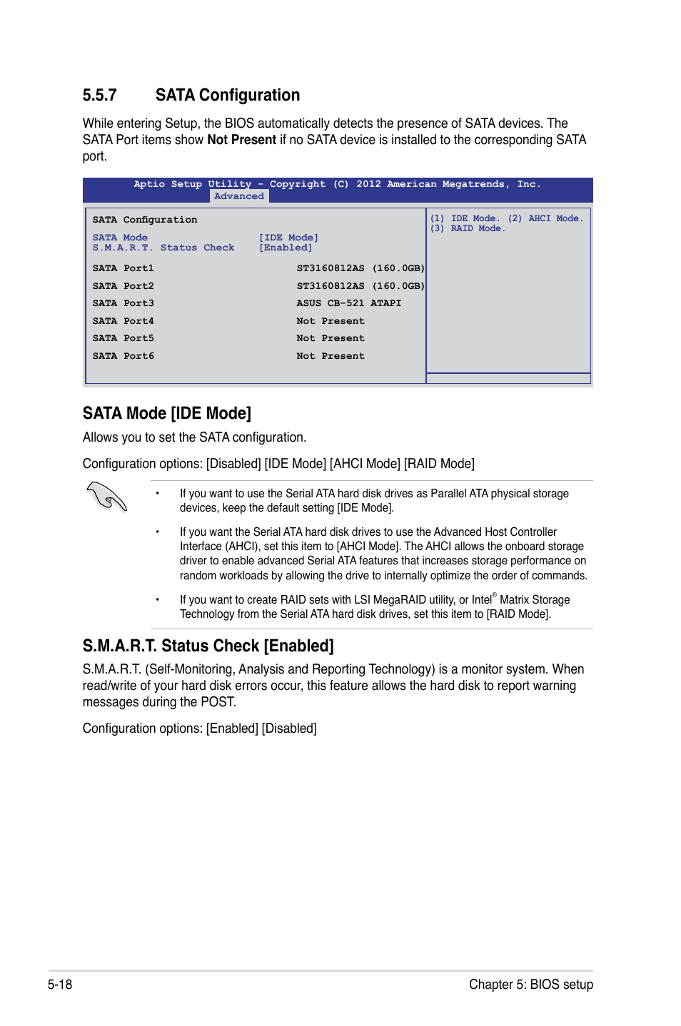 7 sata configuration, Sata configuration -18, Sata mode [ide mode | S.m.a.r.t. status check [enabled | Asus RS320Q-E7/RS12 User Manual | Page 82 / 158