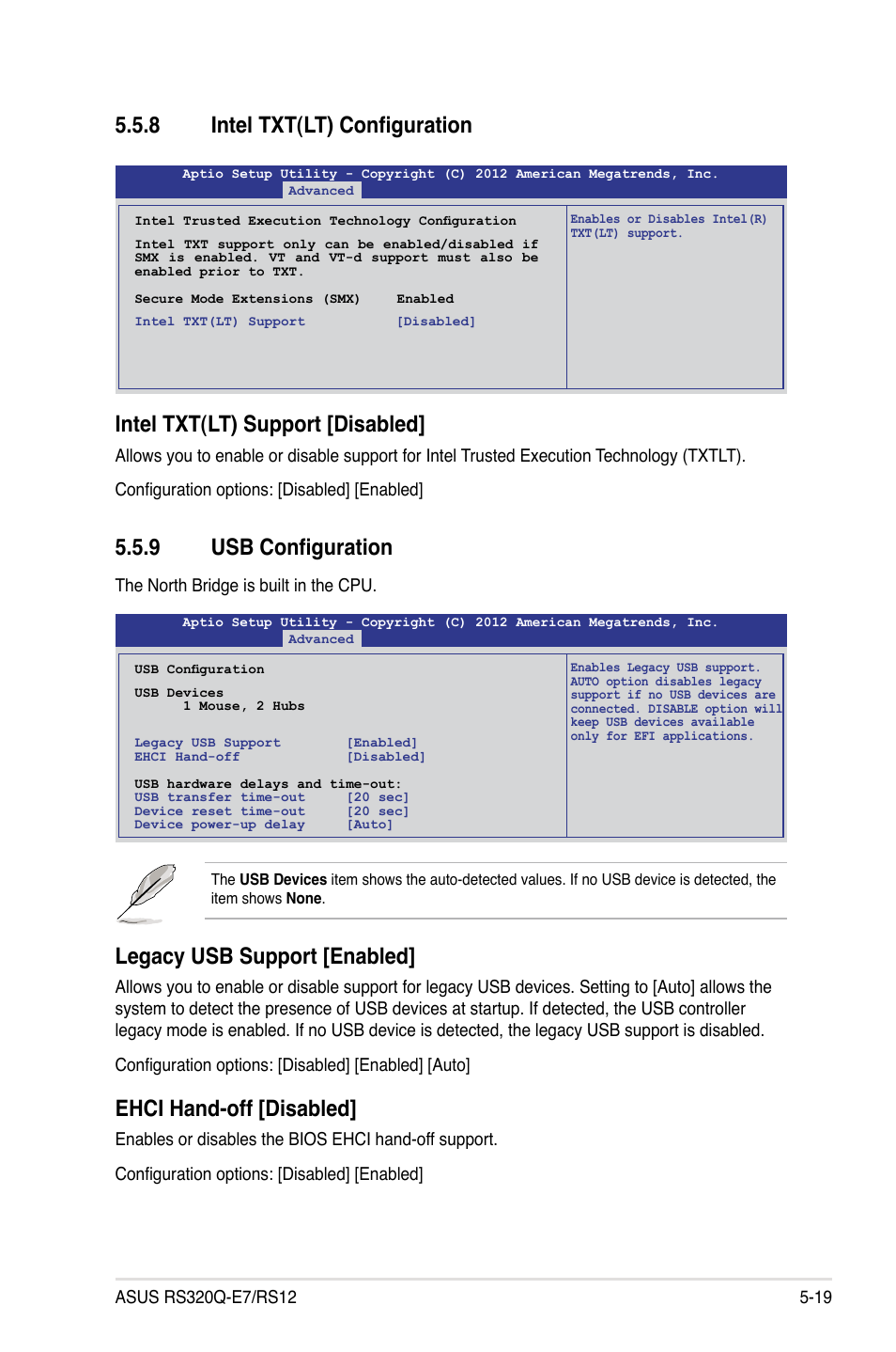 8 intel txt(lt) configuration, 9 usb configuration, Intel txt(lt) configuration -19 | Usb configuration -19, Intel txt(lt) support [disabled, Legacy usb support [enabled, Ehci hand-off [disabled | Asus RS320Q-E7/RS12 User Manual | Page 83 / 158