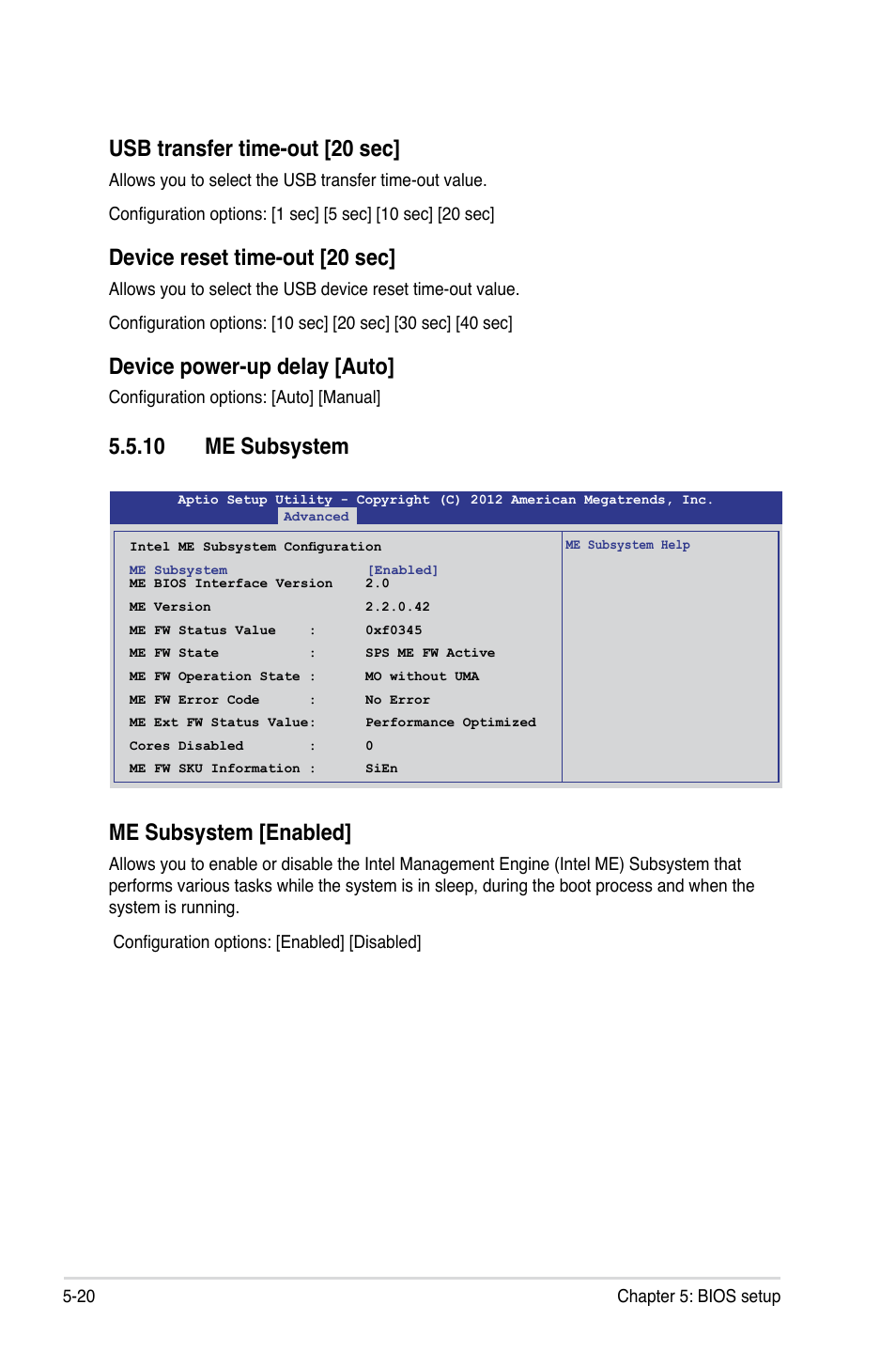 10 me subsystem, 10 me subsystem -20, Usb transfer time-out [20 sec | Device reset time-out [20 sec, Device power-up delay [auto, Me subsystem [enabled | Asus RS320Q-E7/RS12 User Manual | Page 84 / 158