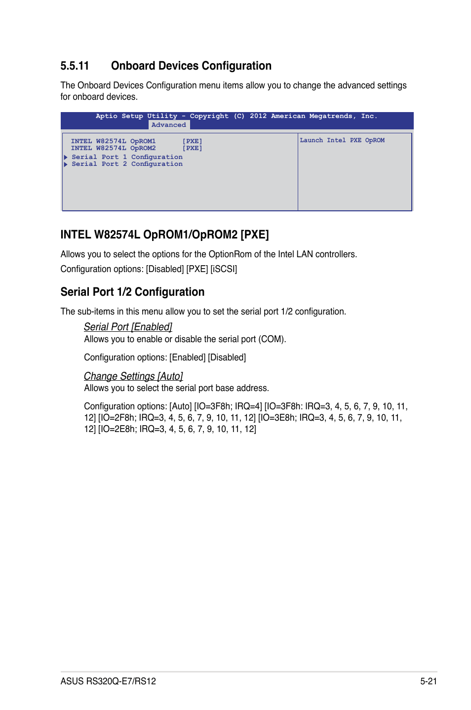 11 onboard devices configuration, 11 onboard devices configuration -21, Serial port 1/2 configuration | Asus RS320Q-E7/RS12 User Manual | Page 85 / 158