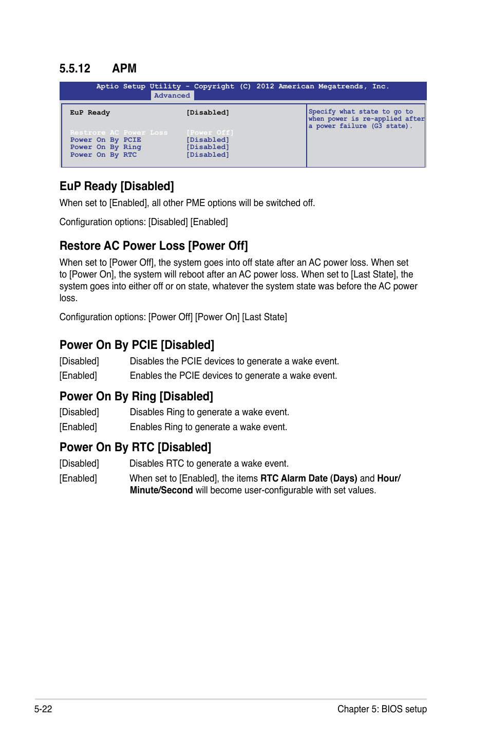 12 apm, 12 apm -22, Eup ready [disabled | Restore ac power loss [power off, Power on by pcie [disabled, Power on by ring [disabled, Power on by rtc [disabled | Asus RS320Q-E7/RS12 User Manual | Page 86 / 158