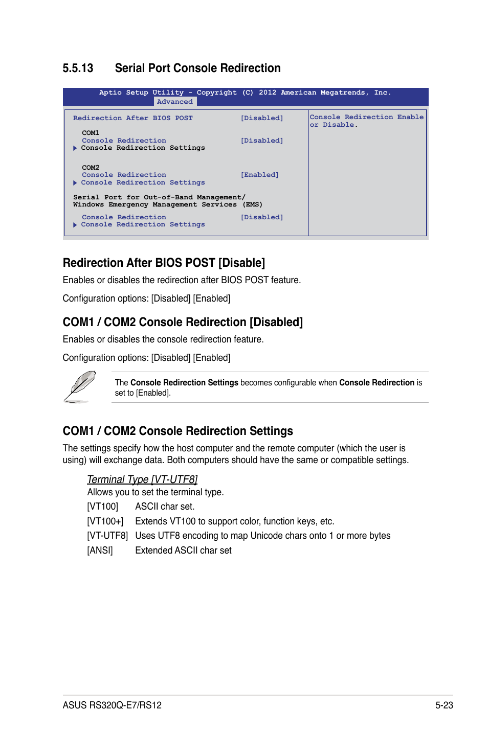 13 serial port console redirection, 13 serial port console redirection -23, Redirection after bios post [disable | Com1 / com2 console redirection [disabled, Com1 / com2 console redirection settings, Terminal type [vt-utf8 | Asus RS320Q-E7/RS12 User Manual | Page 87 / 158