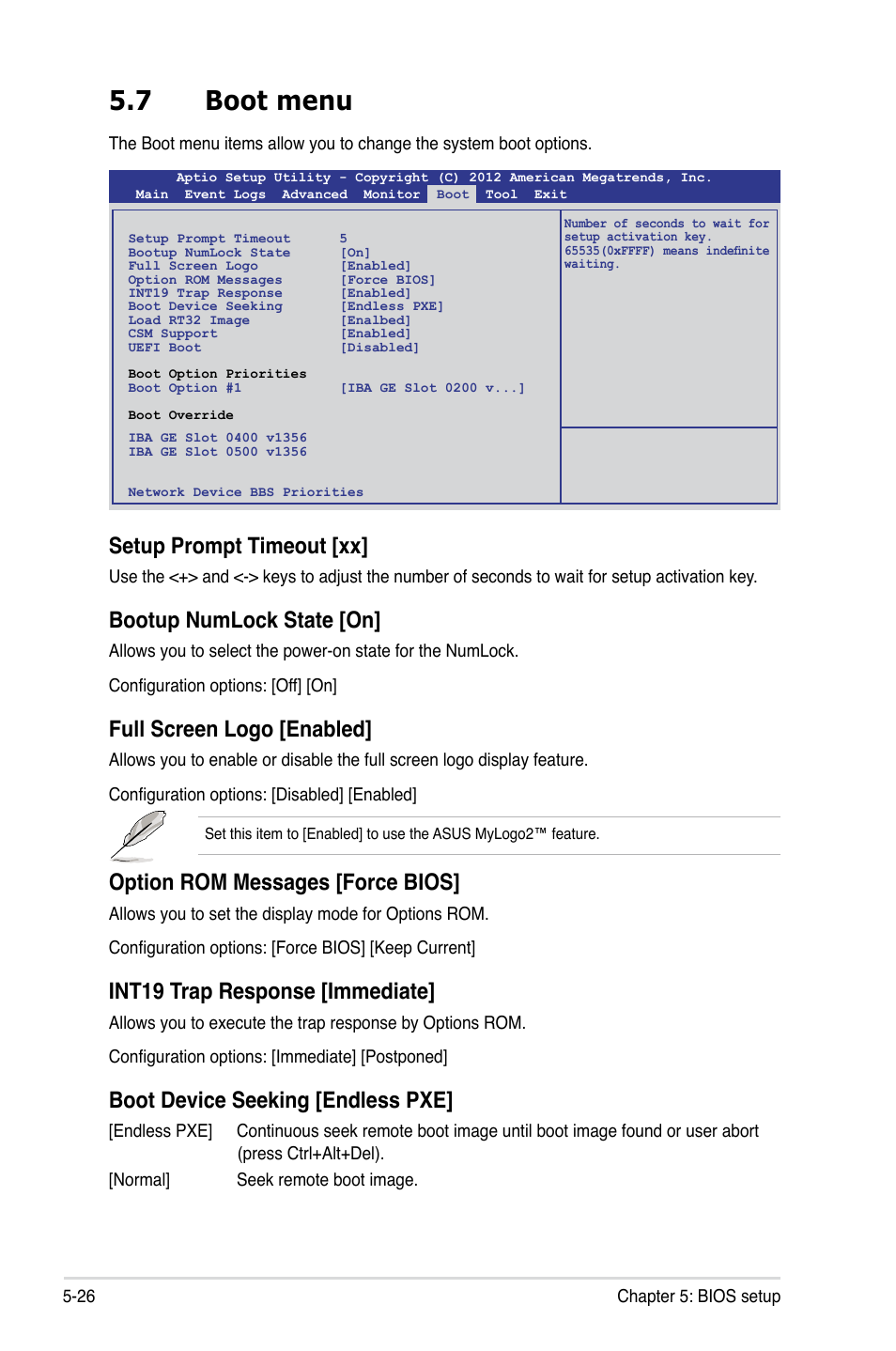 7 boot menu, Boot menu -26, Setup prompt timeout [xx | Bootup numlock state [on, Full screen logo [enabled, Option rom messages [force bios, Int19 trap response [immediate, Boot device seeking [endless pxe | Asus RS320Q-E7/RS12 User Manual | Page 90 / 158