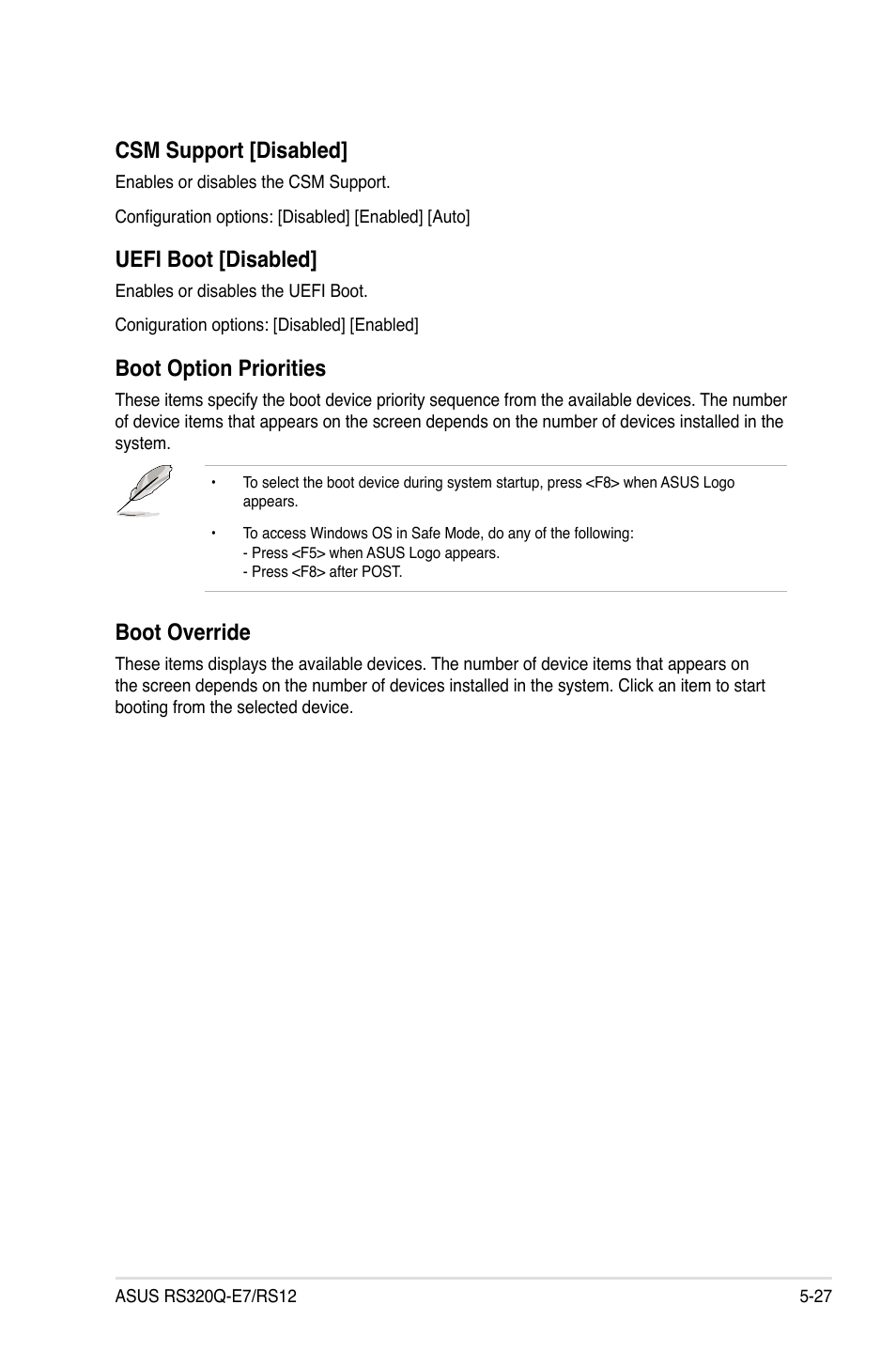 Csm support [disabled, Uefi boot [disabled, Boot option priorities | Boot override | Asus RS320Q-E7/RS12 User Manual | Page 91 / 158
