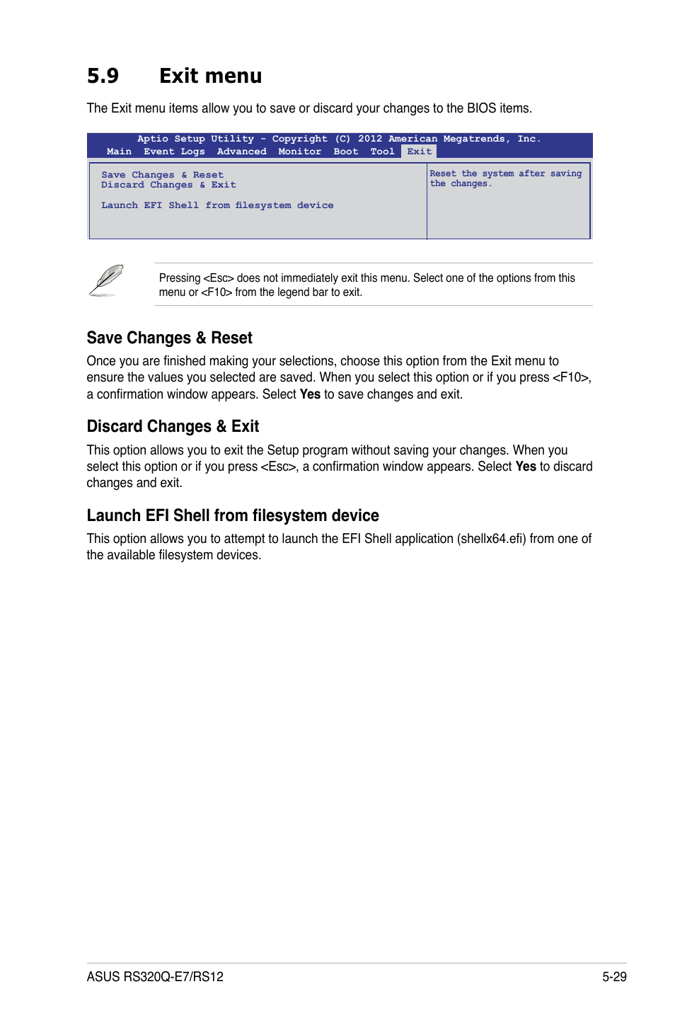 9 exit menu, Exit menu -29, Save changes & reset | Discard changes & exit, Launch efi shell from filesystem device | Asus RS320Q-E7/RS12 User Manual | Page 93 / 158
