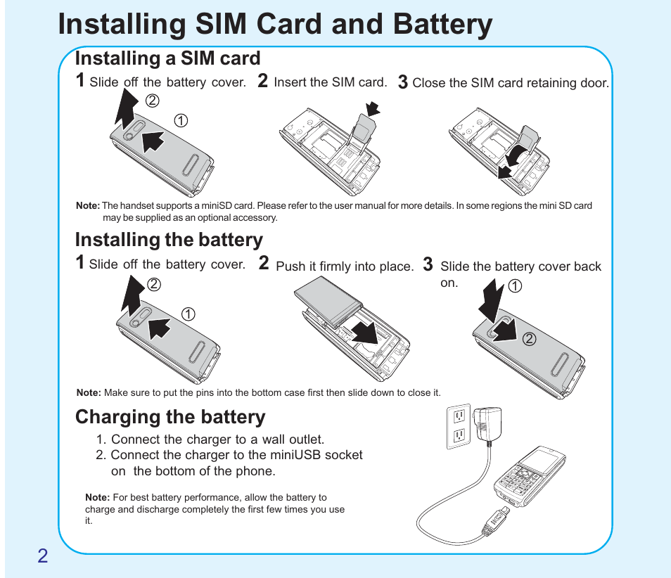 Installing sim card and battery, Installing a sim card, 12 3 installing the battery | 12 3 charging the battery | Asus V66 User Manual | Page 2 / 8
