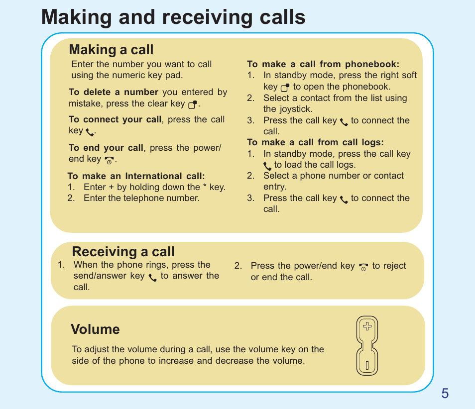 Making and receiving calls, Making a call receiving a call, Volume | Asus V66 User Manual | Page 5 / 8