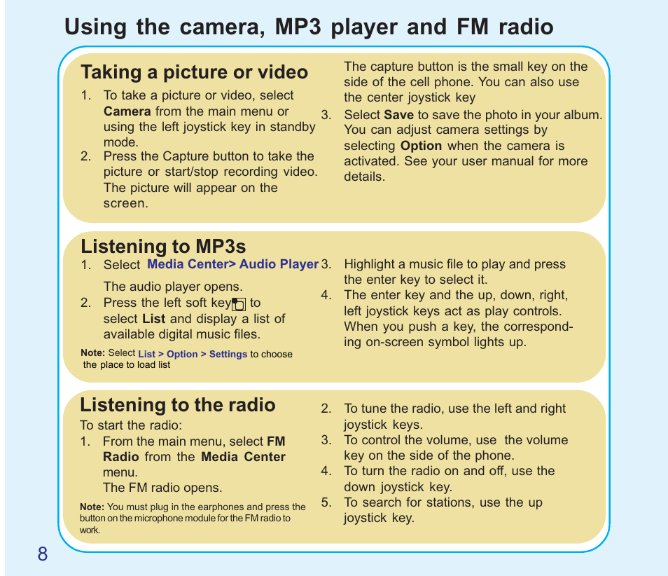 Using the camera, mp3 player and fm radio, Taking a picture or video, Listening to mp3s | Listening to the radio | Asus V66 User Manual | Page 8 / 8