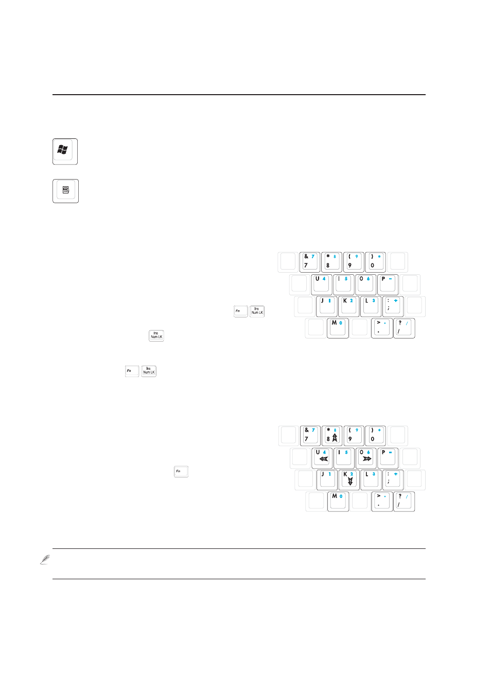 Keyboard as a numeric keypad, Microsoft windows™ keys, Keyboard as cursors | Asus M9J User Manual | Page 30 / 69