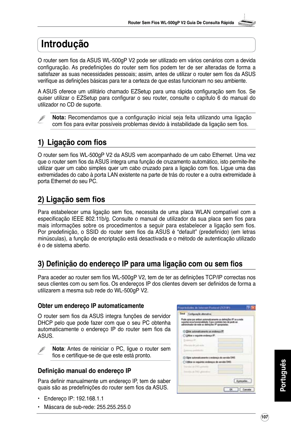 Introdução, 1) ligação com fios, 2) ligação sem fios | Português | Asus WL-500gP V2 User Manual | Page 100 / 151