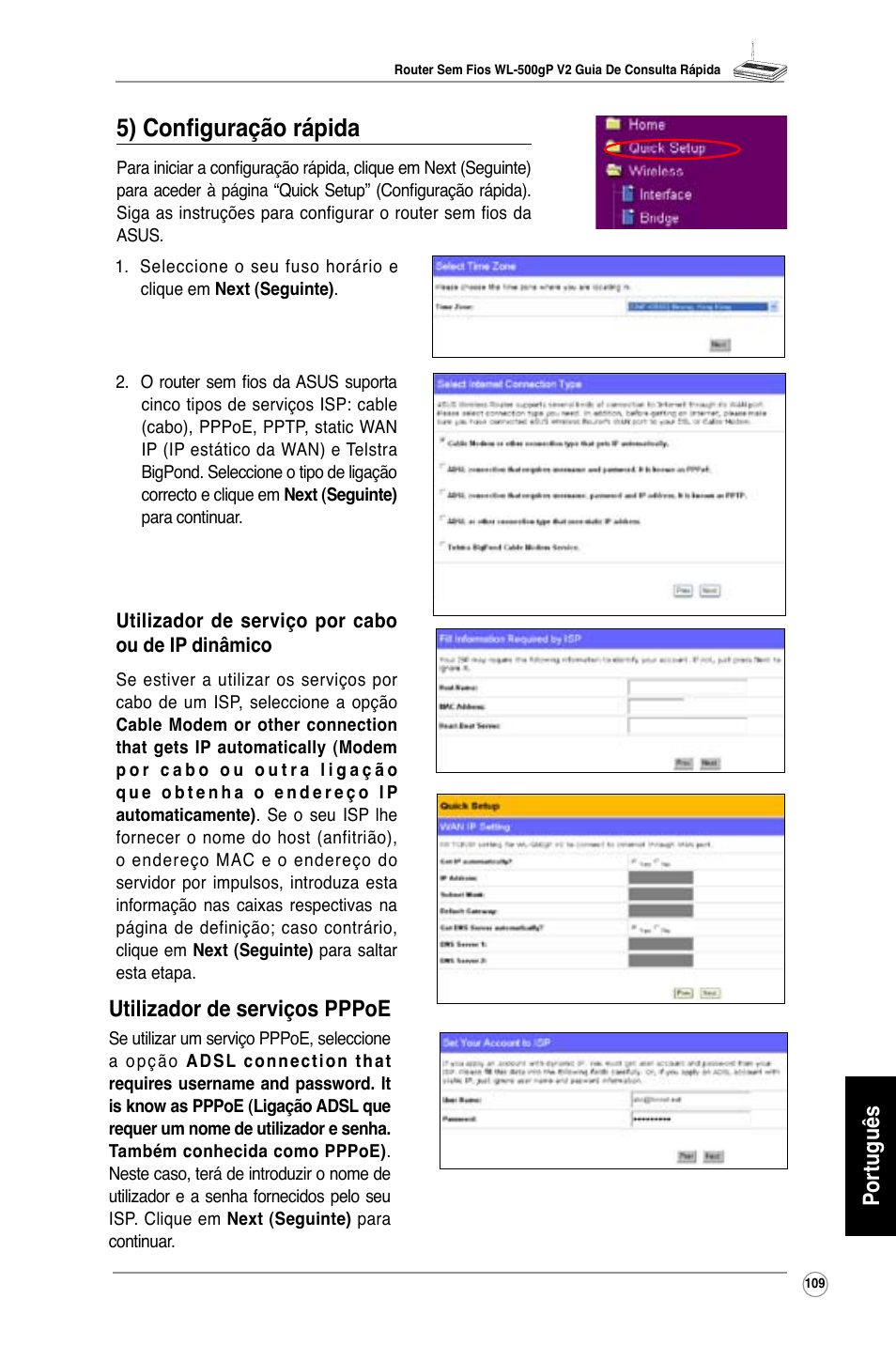 5) configuração rápida, Português, Utilizador de serviços pppoe | Asus WL-500gP V2 User Manual | Page 102 / 151