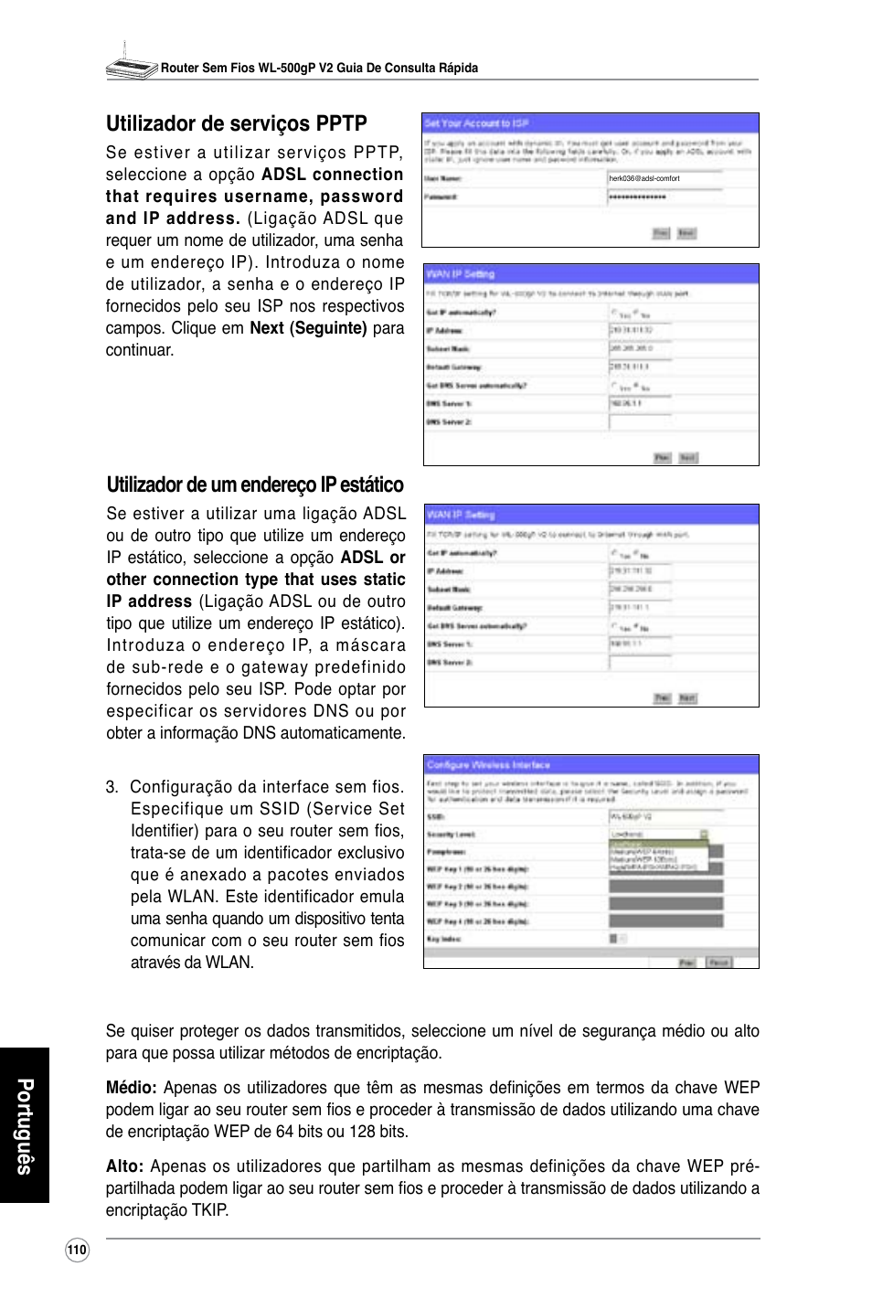 Português, Utilizador de serviços pptp, Utilizador de um endereço ip estático | Asus WL-500gP V2 User Manual | Page 103 / 151